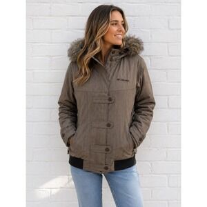 Columbia Brown Pinstripe Ski Jacket Faux Fur Hood XL